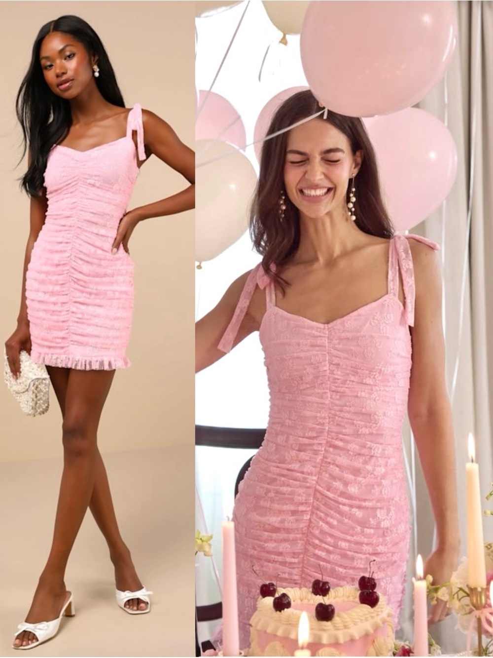 LULUS Floral Lace Sweetheart Neck Ruched Tie Strap Y2K Coquette Bodycon Dress L